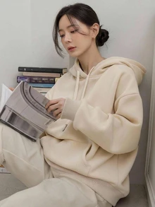 Dazy-Less Women's Solid Color Drop Shoulder Long Sleeve Pocket Drawstring Hooded Casual Basic T-Shirt Autumn Lounge Beige Everyday School Home - Khaki - View 1