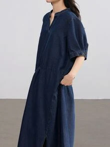 Dazy-Less Women's Cotton Collared Long Sleeve Button-Up Deep Blue Washed Cinched Cinched Waist-Front Full Skirt Denim Dress Fall Business Casual Woman - Dark Wash - View 6