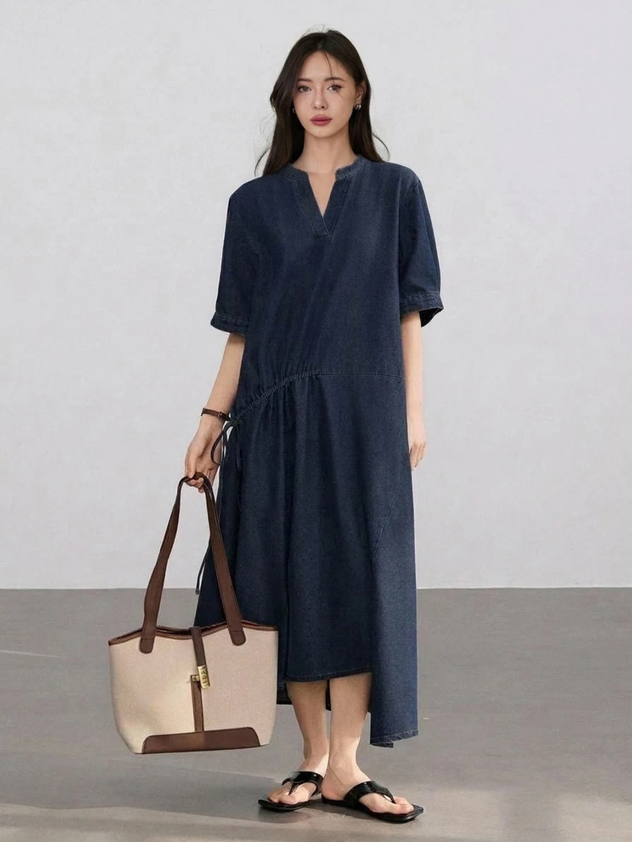 Dazy-Less Women's Cotton Collared Long Sleeve Button-Up Deep Blue Washed Cinched Cinched Waist-Front Full Skirt Denim Dress Fall Business Casual Woman - Dark Wash - View 1