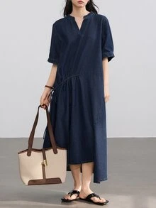 Dazy-Less Women's Cotton Collared Long Sleeve Button-Up Deep Blue Washed Cinched Cinched Waist-Front Full Skirt Denim Dress Fall Business Casual Woman - Dark Wash - View 7