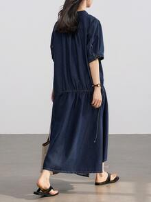 Dazy-Less Women's Cotton Collared Long Sleeve Button-Up Deep Blue Washed Cinched Cinched Waist-Front Full Skirt Denim Dress Fall Business Casual Woman - Dark Wash - View 2