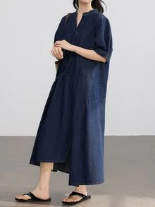 Dazy-Less Women's Cotton Collared Long Sleeve Button-Up Deep Blue Washed Cinched Cinched Waist-Front Full Skirt Denim Dress Fall Business Casual Woman - Dark Wash - View 4