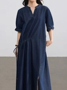 Dazy-Less Women's Cotton Collared Long Sleeve Button-Up Deep Blue Washed Cinched Cinched Waist-Front Full Skirt Denim Dress Fall Business Casual Woman - Dark Wash - View 5