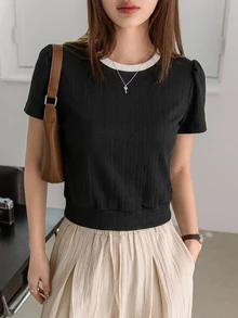 Dazy-Less Women's Crew Neck Short Sleeve Black Solid Color Loose Casual Drop Shoulder All-Match Versatile T-Shirt Business Casual Woman - Black - View 6