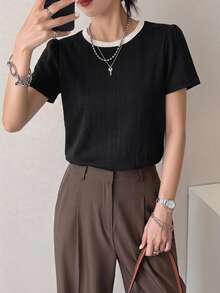 Dazy-Less Women's Crew Neck Short Sleeve Black Solid Color Loose Casual Drop Shoulder All-Match Versatile T-Shirt Business Casual Woman - Black - View 3