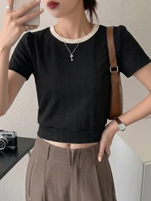 Dazy-Less Women's Crew Neck Short Sleeve Black Solid Color Loose Casual Drop Shoulder All-Match Versatile T-Shirt Business Casual Woman - Black - View 4