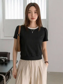 Dazy-Less Women's Crew Neck Short Sleeve Black Solid Color Loose Casual Drop Shoulder All-Match Versatile T-Shirt Business Casual Woman - Black - View 1