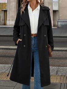SHEIN Clasi 女款純色時尚百搭日常休閒法式經典優雅風衣外套 辦公通勤黑色秋季 - 黑色 - 查看 8