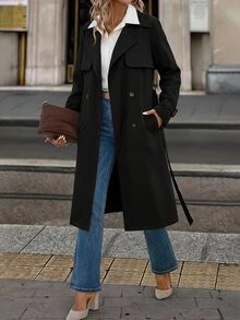 SHEIN Clasi 女款純色時尚百搭日常休閒法式經典優雅風衣外套 辦公通勤黑色秋季 - 黑色 - 查看 6