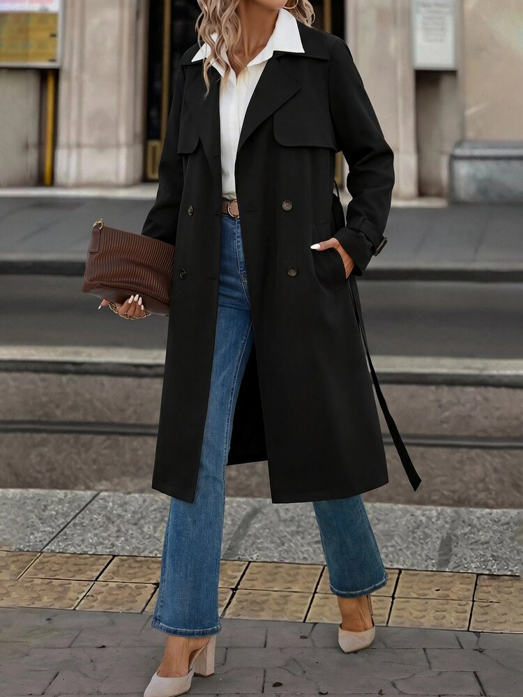 SHEIN Clasi 女款純色時尚百搭日常休閒法式經典優雅風衣外套 辦公通勤黑色秋季 - 黑色 - 查看 6