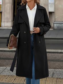 SHEIN Clasi 女款純色時尚百搭日常休閒法式經典優雅風衣外套 辦公通勤黑色秋季 - 黑色 - 查看 4