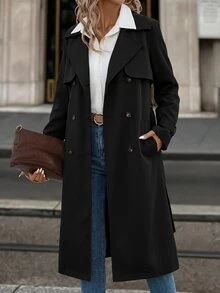 SHEIN Clasi 女款純色時尚百搭日常休閒法式經典優雅風衣外套 辦公通勤黑色秋季 - 黑色 - 查看 7