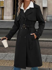 SHEIN Clasi 女款純色時尚百搭日常休閒法式經典優雅風衣外套 辦公通勤黑色秋季 - 黑色 - 查看 9