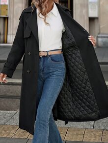 SHEIN Clasi 女款純色時尚百搭日常休閒法式經典優雅風衣外套 辦公通勤黑色秋季 - 黑色 - 查看 1