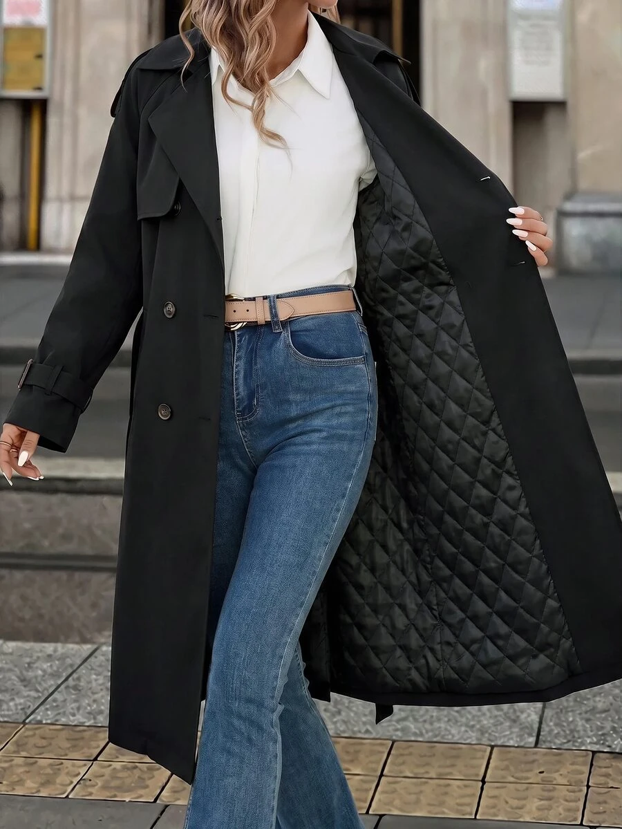 SHEIN Clasi 女款純色時尚百搭日常休閒法式經典優雅風衣外套 辦公通勤黑色秋季 - 黑色 - 查看 1