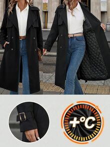 SHEIN Clasi 女款純色時尚百搭日常休閒法式經典優雅風衣外套 辦公通勤黑色秋季 - 黑色 - 查看 3