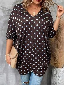 SHEIN CURVE+ Plus Size Women's Solid Color Batwing Sleeve Loose V-Neck T-Shirt, Autumn/Winter All-Match Versatile Casual Top, Fits 5XL-8XL Fall - Black - View 2