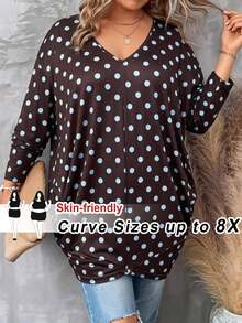 SHEIN CURVE+ Plus Size Women's Solid Color Batwing Sleeve Loose V-Neck T-Shirt, Autumn/Winter All-Match Versatile Casual Top, Fits 5XL-8XL Fall - Black - View 5