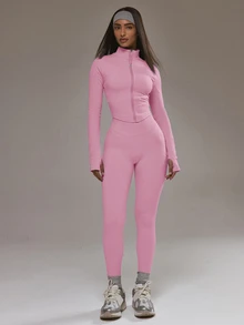 Musera Sport 下摆拉链无缝BBL夹克套装上衣（仅限板式网球服）秋冬运动健身训练服 - 粉色 - 查看 4