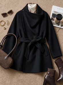 Grovea Plus Size Grey Cowl Neck Tie Waist Loose Fit Slimming Ruched Collar Wool Blend Coat, Autumn/Winter - Dark Grey - View 1