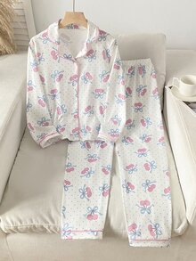 女童粉色可愛櫻桃印花領口鈕扣長袖上衣與休閒長褲舒適兩件式居家服套裝 - 粉色 - 查看 3