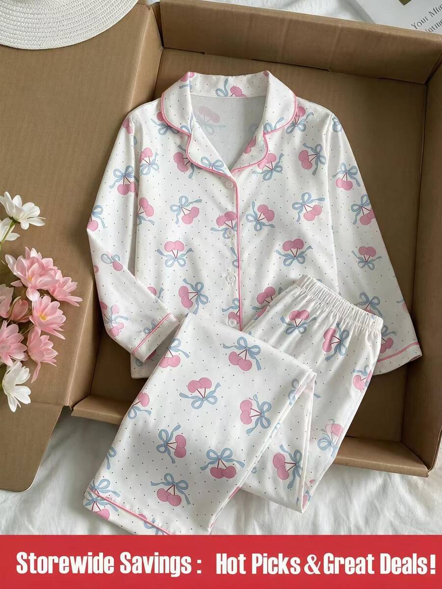 女童粉色可愛櫻桃印花領口鈕扣長袖上衣與休閒長褲舒適兩件式居家服套裝 - 粉色 - 查看 1
