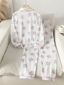 女童粉色可愛櫻桃印花領口鈕扣長袖上衣與休閒長褲舒適兩件式居家服套裝 - 粉色 - 查看 2