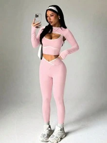 Dewbera Dewbera 女款無縫羅紋運動套裝 3 件組，長袖短版外套、拼色背心、交叉腰緊身內穿打底褲 - 粉色 - 查看 1