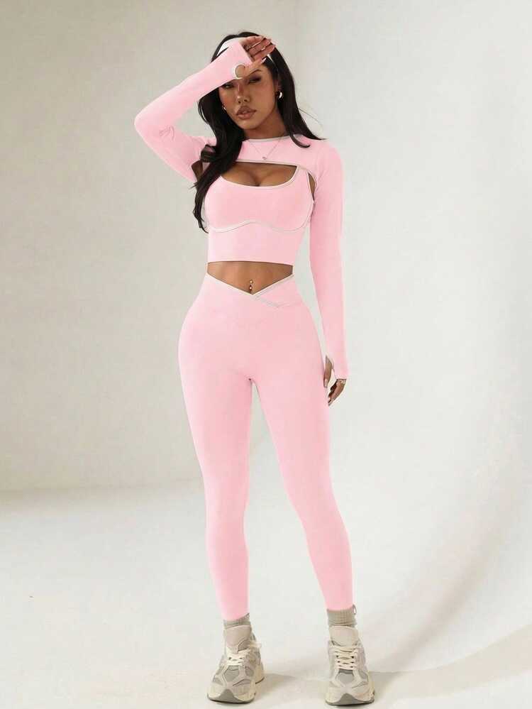 Dewbera Dewbera Women's Seamless Ribbed Sports Set, 3-Piece, Long Sleeve Shrug, Colorblock Tank Top, Criss-Cross Waist Tight Leggings - Pink - View 4