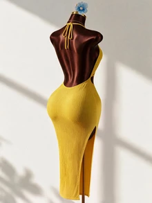 Mistrie Women's Summer Yellow Textured Halter Backless Slit Dress,Chic Holiday Vacation Outfits, Curve Bandage Dresses For Beach Holiday,Summer Outfits - Yellow - View 1