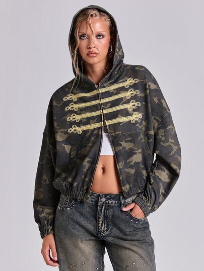Autumn/Winter Y2K Punk Streetwear Napoleon Button Design Women's Hooded Camouflage Loose Sweatshirt