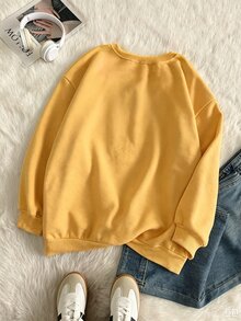 INAWLY Sweatshirt Wanita Ukuran Besar Kasual Lembut Bentuk Sehari-hari, Cocok untuk Perjalanan, Formal, dan Pakaian Rumahan, Sederhana dan Serbaguna, Bordir Huruf, Berlapisan Termal, Kerah Bulat, Warna Biru Muda - Kuning - View 3
