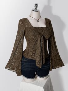 SHEIN ICON Plus Size Y2K 1920 Vintage Elegant Retro Olive Green 2 In 1 Bell Sleeve Knit Top Autumn Date Night Birthday Evening - Brown - View 8