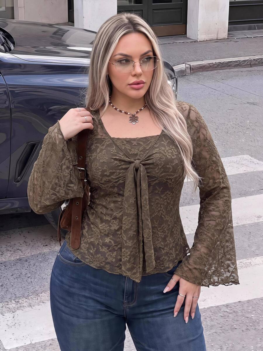 SHEIN ICON Plus Size Y2K 1920 Vintage Elegant Retro Olive Green 2 In 1 Bell Sleeve Knit Top Autumn Date Night Birthday Evening - Brown - View 1