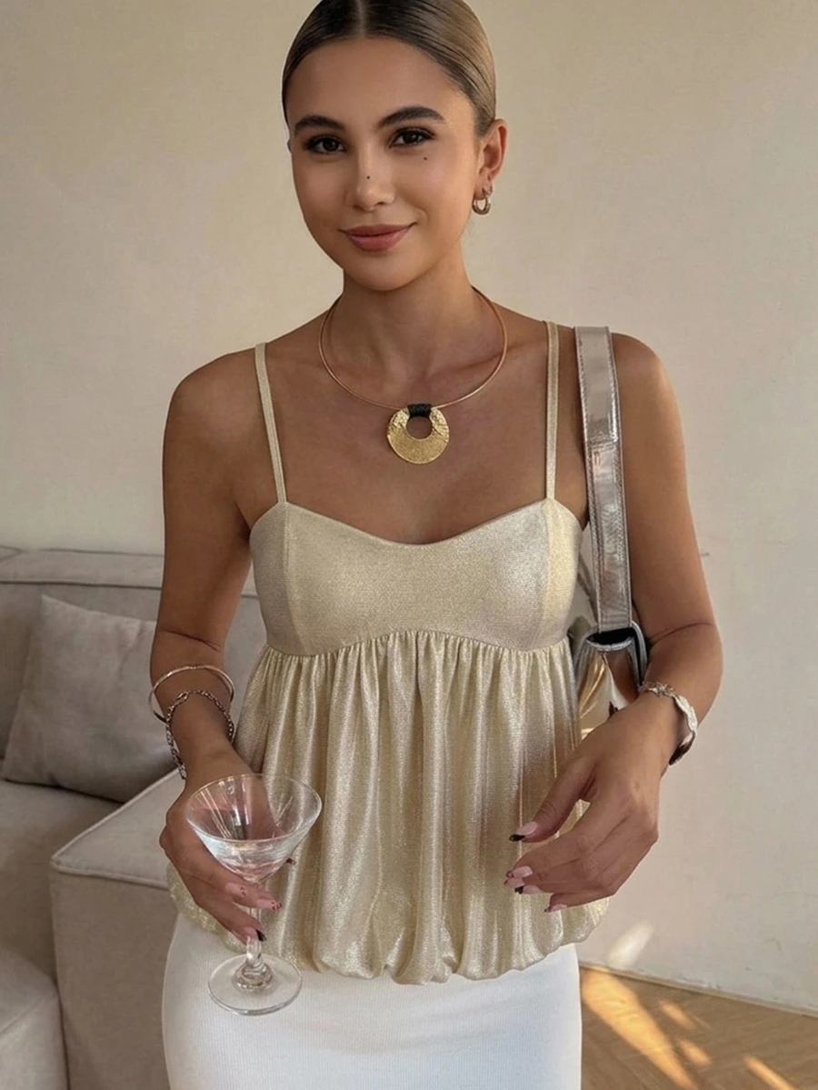 DAZY 香檳色無袖純色修身彈性百搭休閒優雅性感多功能女款背心,適合宴會、夜生活、派對、夏季 - 杏色 - 查看 1