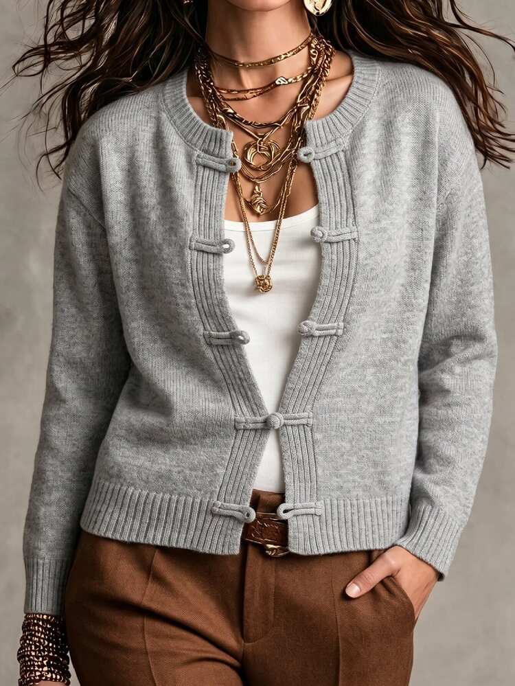 Linhara CURVE Plus Size Women's Autumn/Winter Elegant Frog Button Knit Cardigan, Loose Fit Flattering Design, Suitable For Outings, Casual, Daily Wear - Grey - View 5