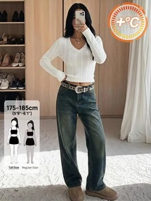 SHEIN Tall 復古學院風/Y2K 秋季高個女孩穿搭（休閒/外出早午餐）－藝術感純白V領針織衫 - 白色 - 查看 5