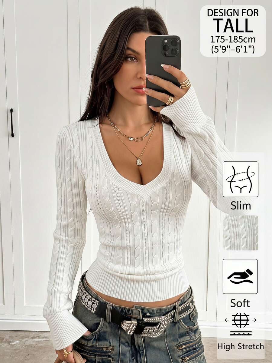 SHEIN Tall 復古學院風/Y2K 秋季高個女孩穿搭(休閒/外出早午餐)-藝術感純白V領針織衫 - 白色 - 查看 1