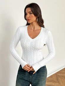 SHEIN Tall 復古學院風/Y2K 秋季高個女孩穿搭（休閒/外出早午餐）－藝術感純白V領針織衫 - 白色 - 查看 9