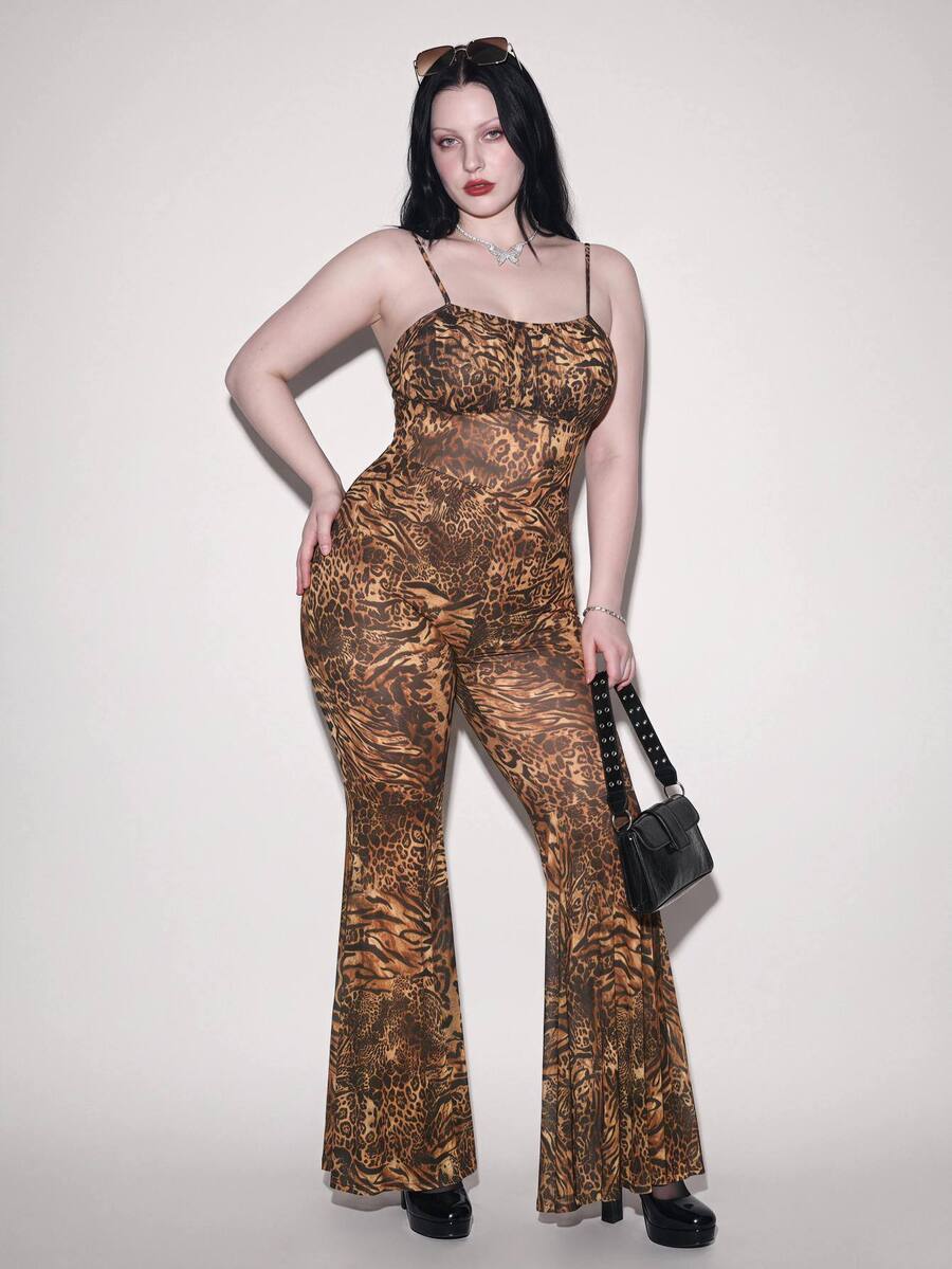 SHEIN ICON Plus Size Sexy Leopard Print Flare Pants And Camisole Top 2 Pieces Set - Multicolor - View 1