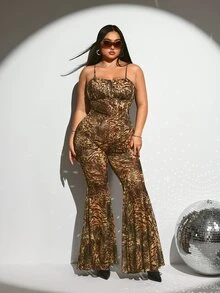 SHEIN ICON Plus Size Sexy Leopard Print Flare Pants And Camisole Top 2 Pieces Set - Multicolor - View 5