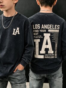 SHEIN 兒童青少年男孩休閒大字母印花水洗做舊長袖上衣，舒適時尚簡約百搭可愛柔軟，適合日常穿著、上學、旅行、運動、假期派對，秋冬款 - 灰色 - 查看 5