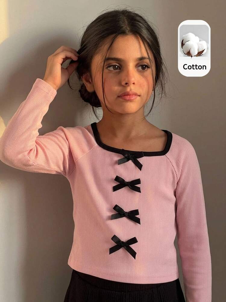 SHEIN Kaos Rajut Anak Perempuan Warna Blok Kerah Persegi dengan Pita 3D Kasual, Pas Badan, Musim Semi/Gugur/Dingin, Dapat Dipakai Sebagai Lapisan Dalam Anak-Anak - Berwarna merah muda - View 2