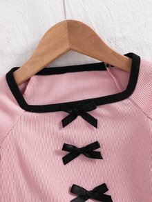 SHEIN 女童針織拼色方領3D蝴蝶結休閒修身T恤，春夏秋冬可穿，可作為內搭層 - 粉色 - 查看 6