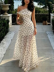 SHEIN PariChic 女款夏季不對稱肩無袖A字裙，數位印花波點彈性網布洋裝，優雅派對度假穿搭，上班通勤穿著 - 杏色 - 查看 4