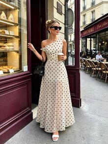 SHEIN PariChic 女款夏季不對稱肩無袖A字裙，數位印花波點彈性網布洋裝，優雅派對度假穿搭，上班通勤穿著 - 杏色 - 查看 5