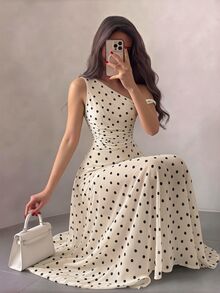 SHEIN PariChic 女款夏季不對稱肩無袖A字裙，數位印花波點彈性網布洋裝，優雅派對度假穿搭，上班通勤穿著 - 杏色 - 查看 9