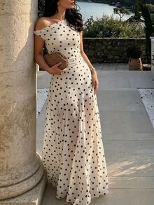 SHEIN PariChic 女款夏季不對稱肩無袖A字裙，數位印花波點彈性網布洋裝，優雅派對度假穿搭，上班通勤穿著 - 杏色 - 查看 7
