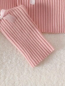 SHEIN 8-12 Years Old Tween Girls Pink Ribbed V-Neck Knitted Cardigan With 3D Bow Decor, Short Sweater Jacket, Sweet Style, Spring/Autumn Versatile Knit Top - Pink - View 5