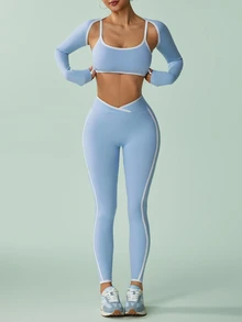SHEIN Sovereign Charm Seamless Waist-Cinched Colorblock Jacket 3 Pieces Sports Set - Baby Blue - View 1
